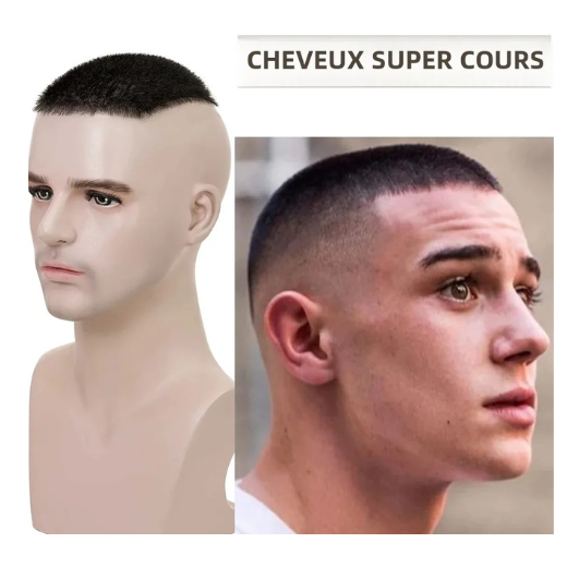 Toupee Homme Buzz Cut - Cheveux Humains, Base PU - Noir