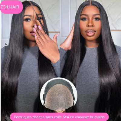 26-28" Perruque Glueless Cheveux Humains Lisse avec Dentelle HD 6x4