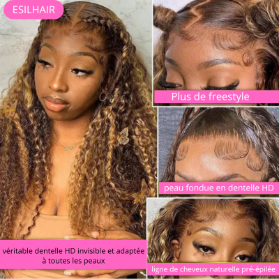 Perruque Mèche ondulée sans colle blond miel 13x6 HD 100% naturels 4x4 Lace Closure