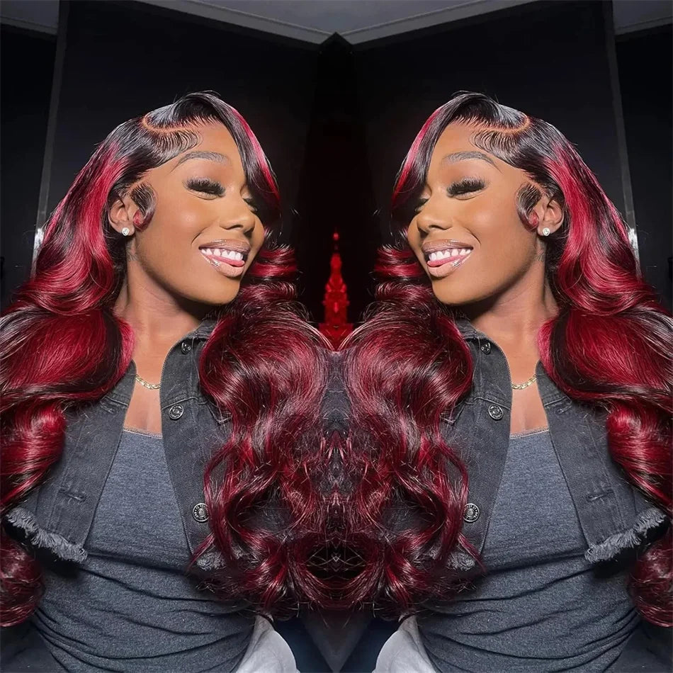 Perruque Body Wave 13x4 Ombre 1B/Pink Red, Cheveux Humains Remy, 200% Densité