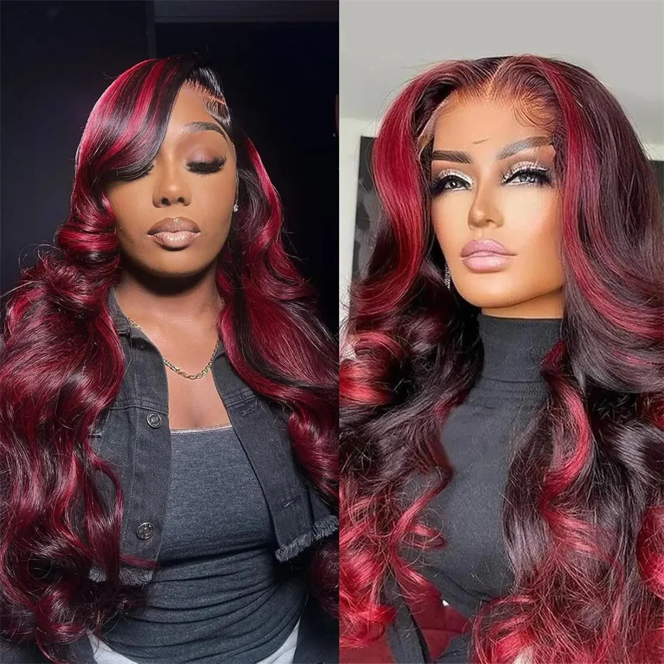 Perruque Body Wave 13x4 Ombre 1B/Pink Red, Cheveux Humains Remy, 200% Densité