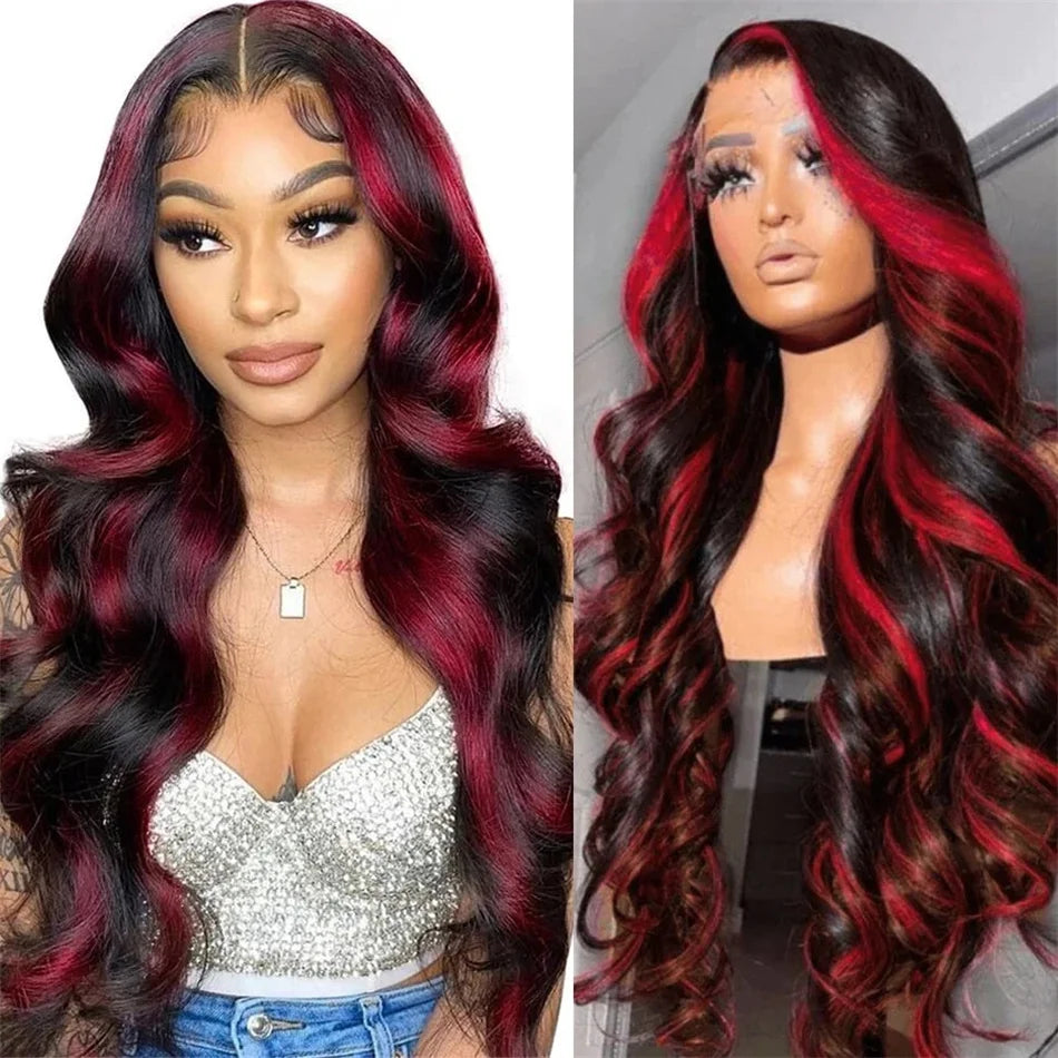 Perruque Body Wave 13x4 Ombre 1B/Pink Red, Cheveux Humains Remy, 200% Densité