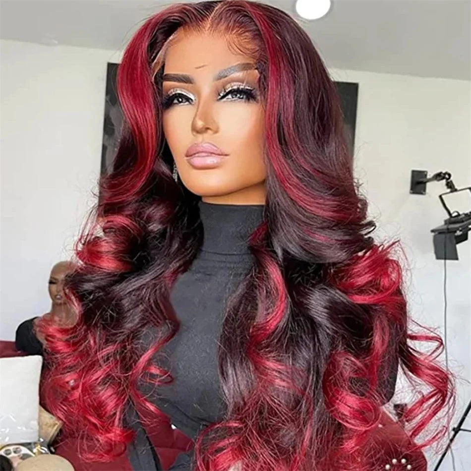Perruque Body Wave 13x4 Ombre 1B/Pink Red, Cheveux Humains Remy, 200% Densité