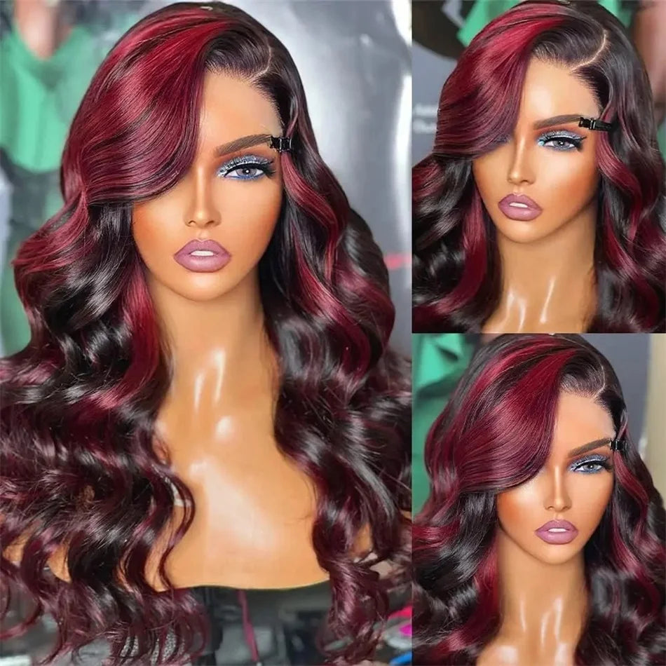 Perruque Body Wave 13x4 Ombre 1B/Pink Red, Cheveux Humains Remy, 200% Densité