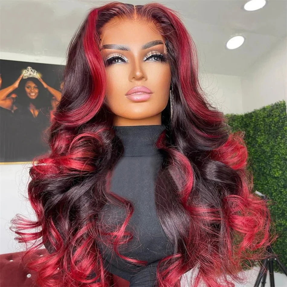 Perruque Body Wave 13x4 Ombre 1B/Pink Red, Cheveux Humains Remy, 200% Densité