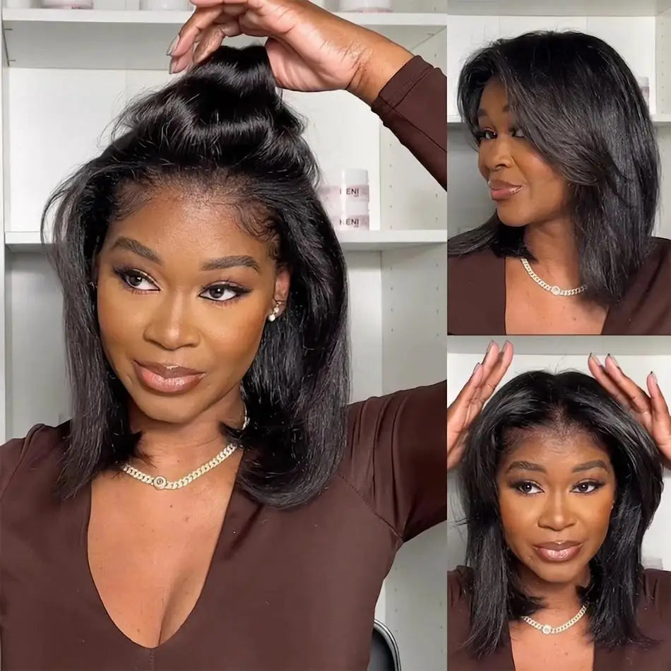 Perruque Bob Kinky Straight 13x4 - Cheveux Humains Brésiliens, Sans Colle