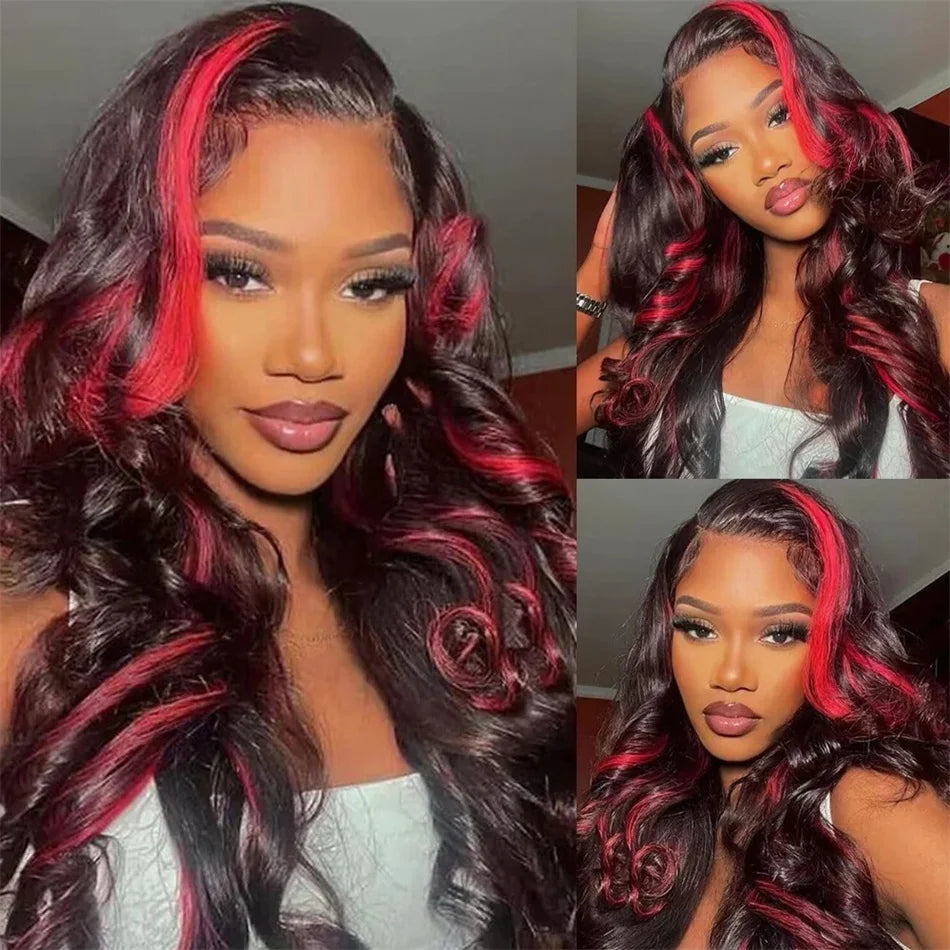 Perruque Body Wave 13x4 Ombre 1B/Pink Red, Cheveux Humains Remy, 200% Densité