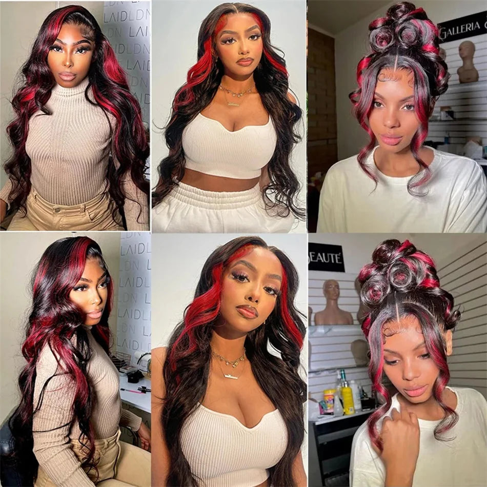 Perruque Body Wave 13x4 Ombre 1B/Pink Red, Cheveux Humains Remy, 200% Densité