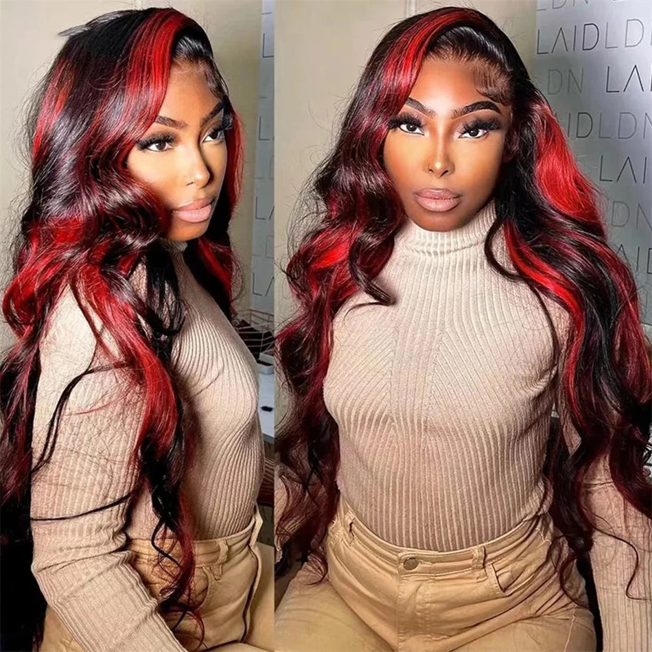 Perruque Body Wave 13x4 Ombre 1B/Pink Red, Cheveux Humains Remy, 200% Densité