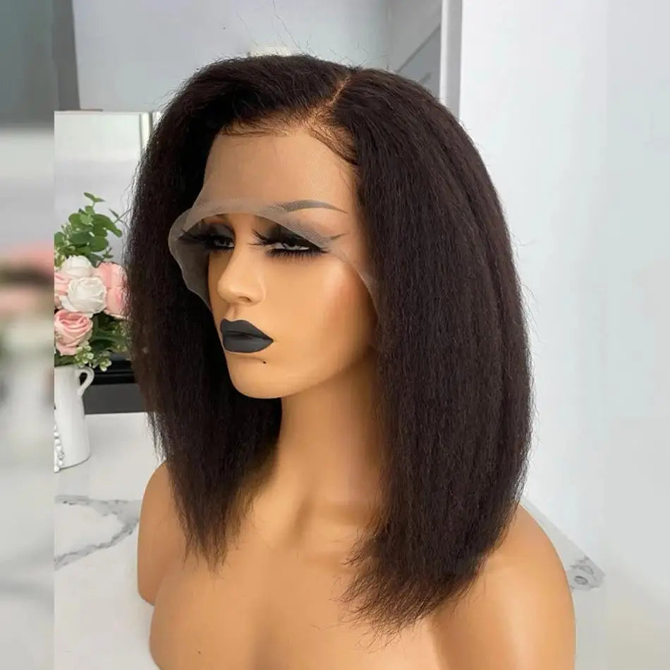 Perruque Bob Kinky Straight 13x4 - Cheveux Humains Brésiliens, Sans Colle