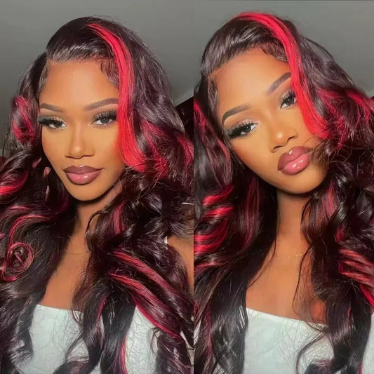Perruque Body Wave 13x4 Ombre 1B/Pink Red, Cheveux Humains Remy, 200% Densité