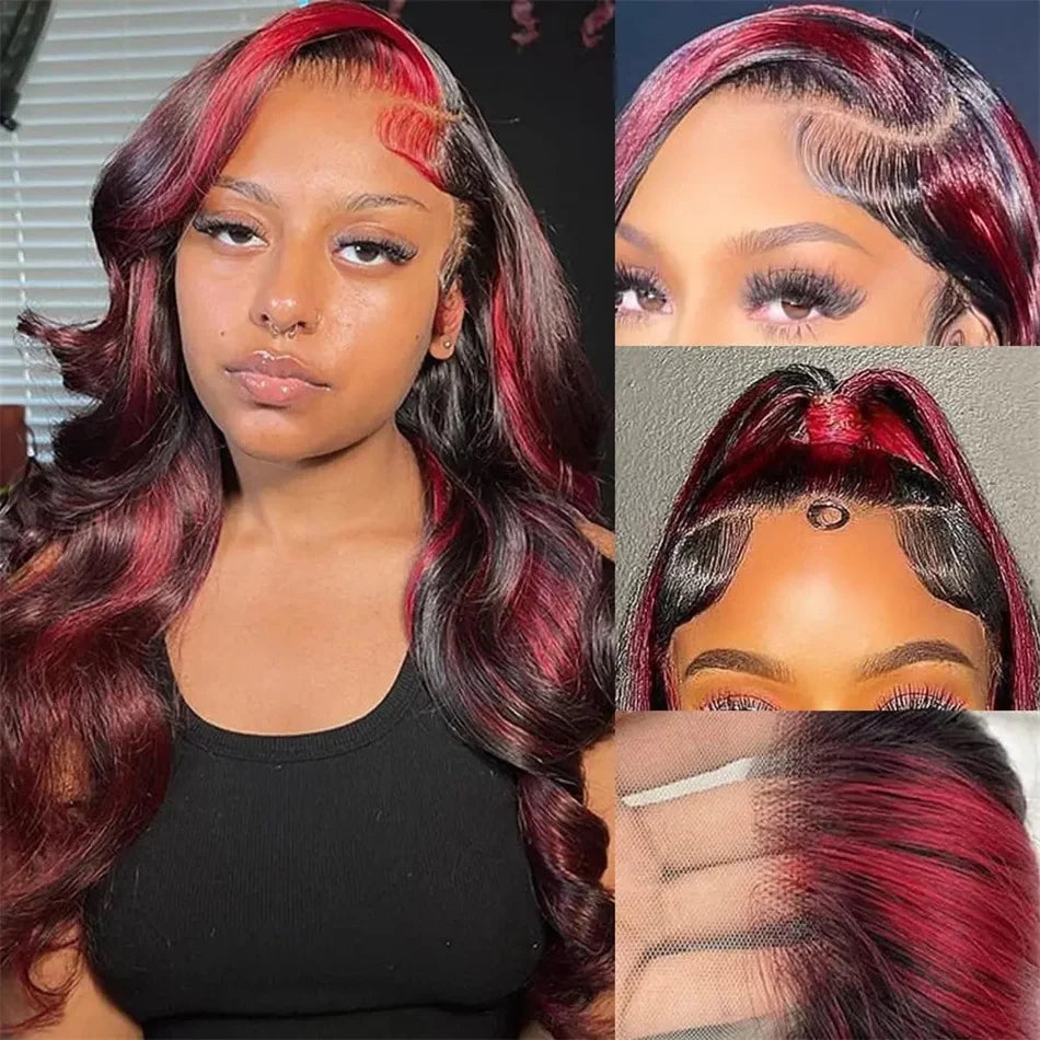 Perruque Body Wave 13x4 Ombre 1B/Pink Red, Cheveux Humains Remy, 200% Densité