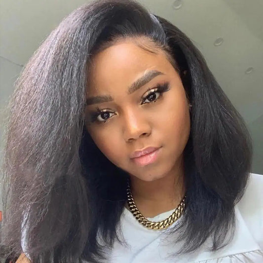 Perruque Bob Kinky Straight 13x4 - Cheveux Humains Brésiliens, Sans Colle